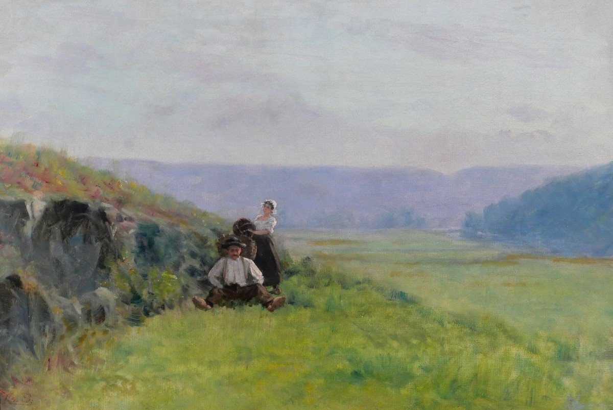 Ecole française vers 1880-90, Paysage, la récolte, tableau impressionnisme, signé