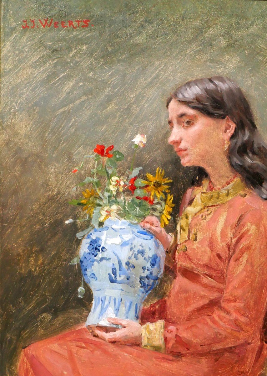 Jean Joseph WEERTS 1846-1927 Rêverie sur la beauté, portrait de jeune femme, tableau, 1870-80-photo-1