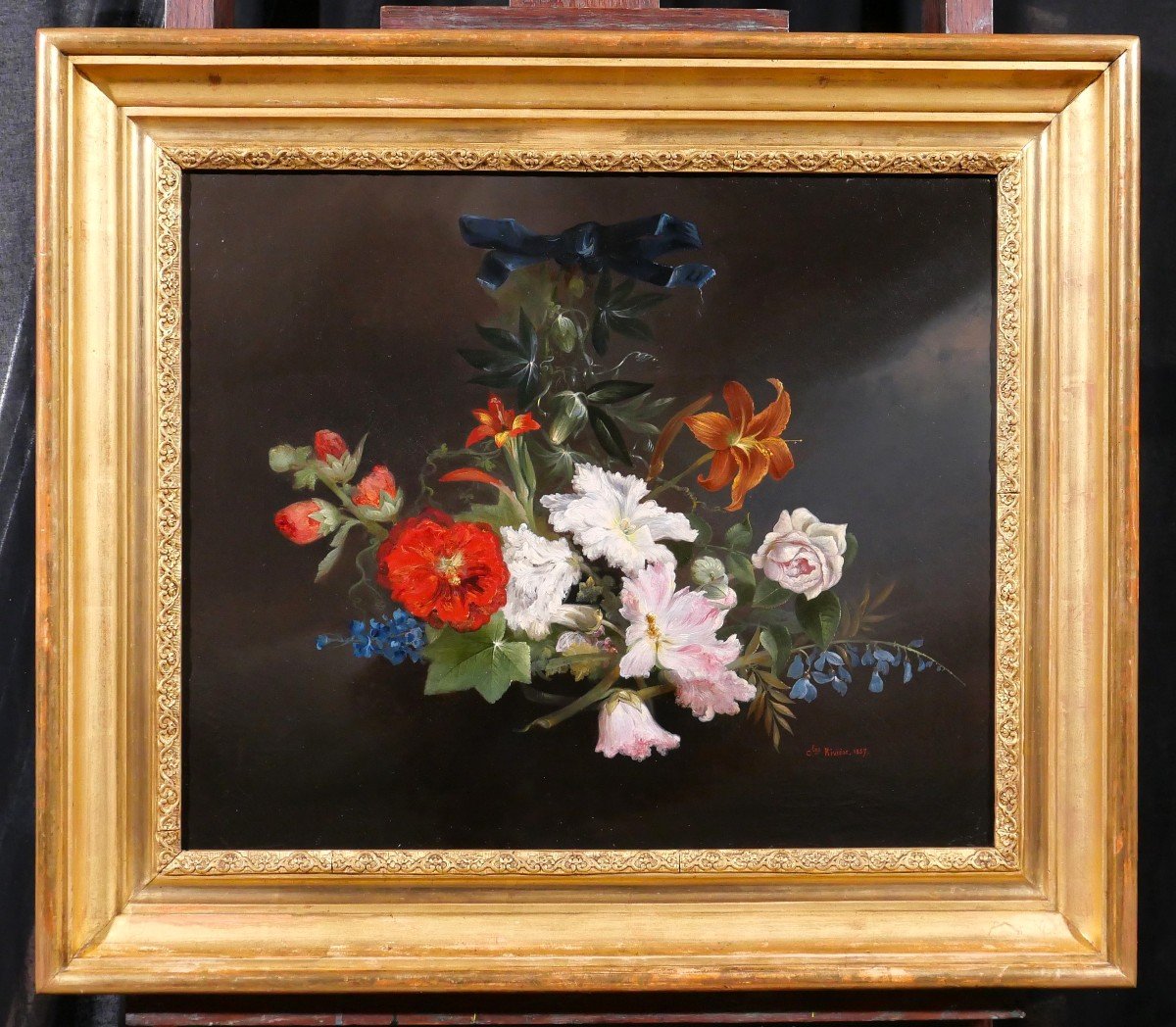 Charles Rivière, Nature morte de fleurs, tableau, 1857, Romantisme, jardin, Berjon, Lyon-photo-2