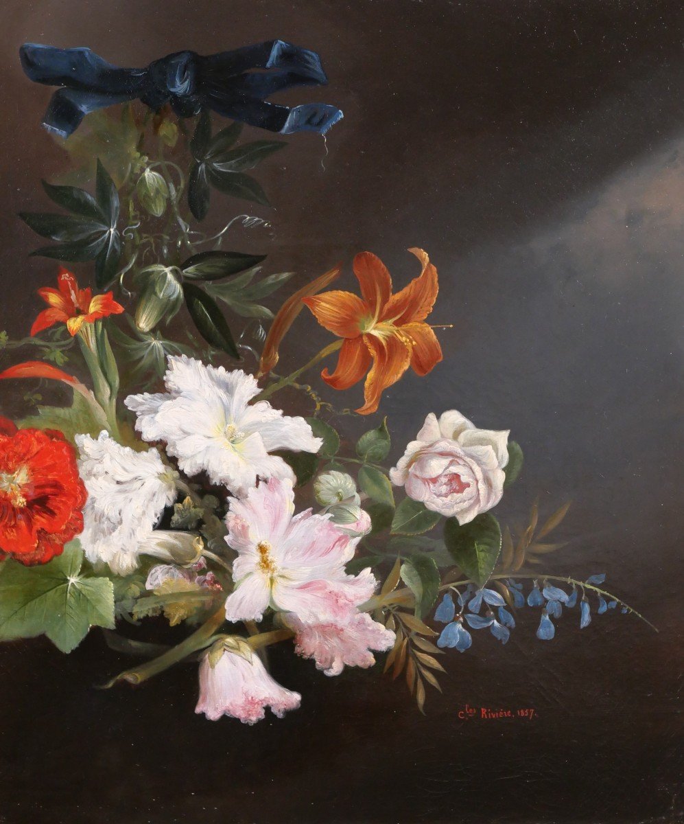 Charles Rivière, Nature morte de fleurs, tableau, 1857, Romantisme, jardin, Berjon, Lyon-photo-4