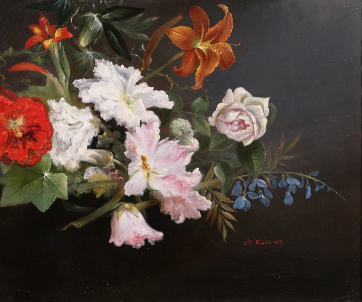 Charles Rivière, Nature morte de fleurs, tableau, 1857, Romantisme, jardin, Berjon, Lyon-photo-3