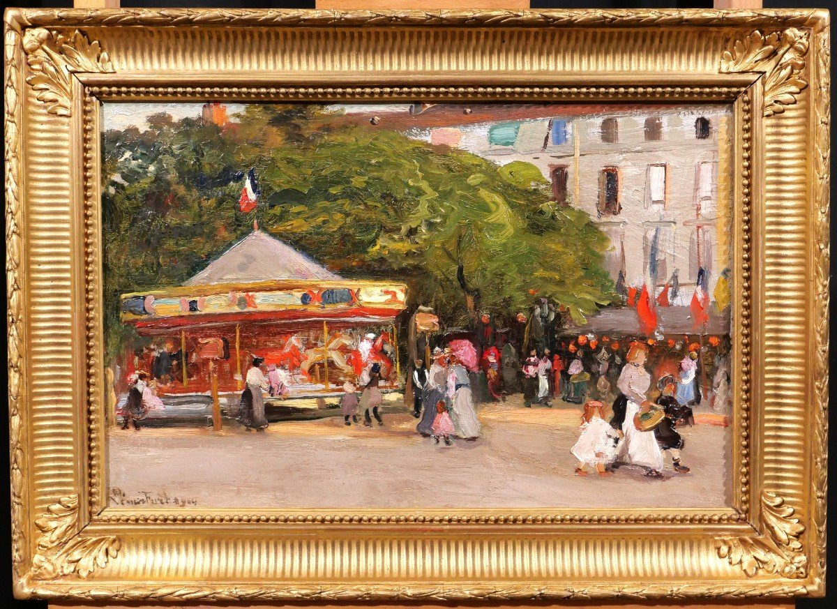 Pierre Léonce FURT 1870-?  Le carrousel tableau, 1904, paysage impressionnisme-photo-2