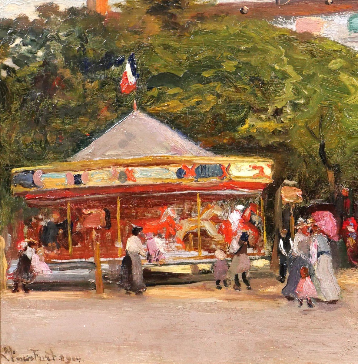 Pierre Léonce FURT 1870-?  Le carrousel tableau, 1904, paysage impressionnisme-photo-3