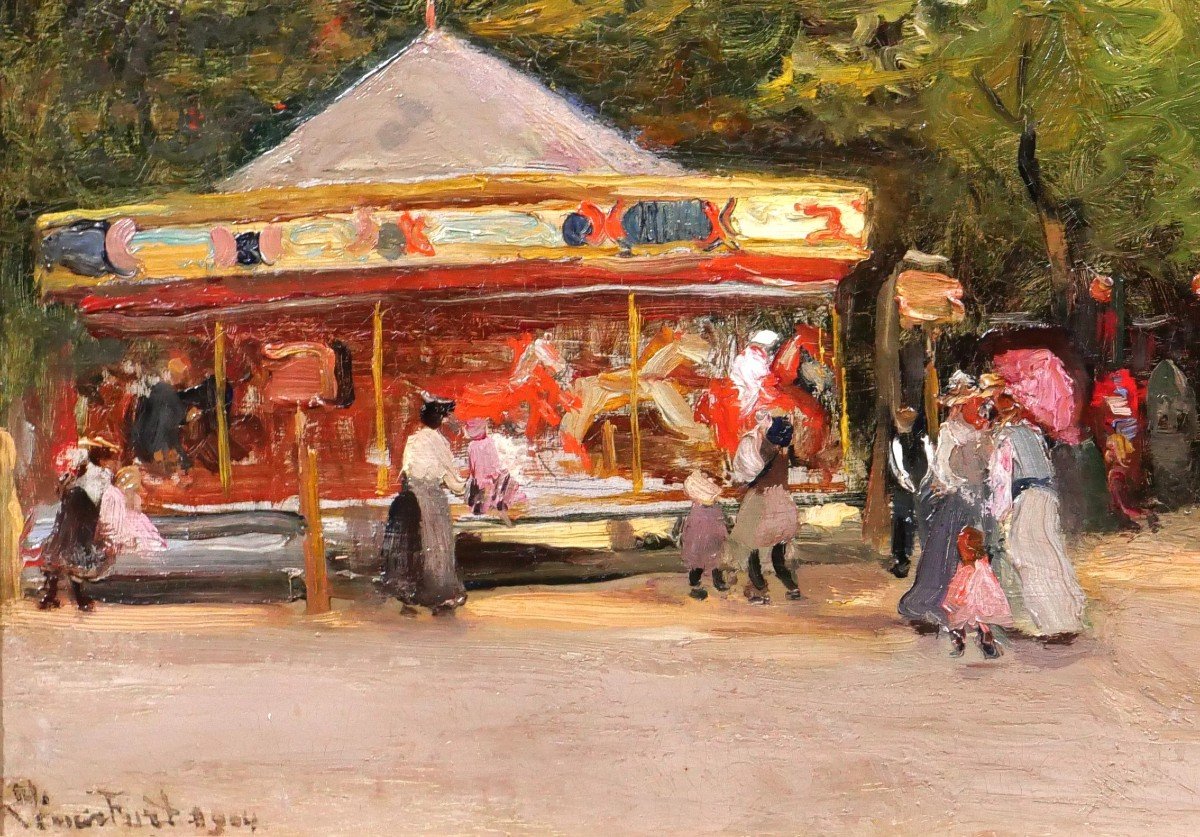 Pierre Léonce FURT 1870-?  Le carrousel tableau, 1904, paysage impressionnisme-photo-4