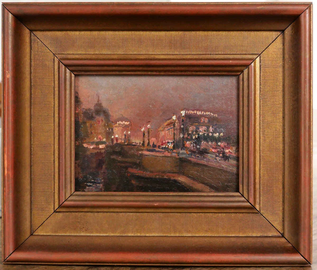 François-Max Bugnicourt, 1868-1936 Paris, le Pont-Neuf de nuit, petit tableau, vers 1900-photo-2