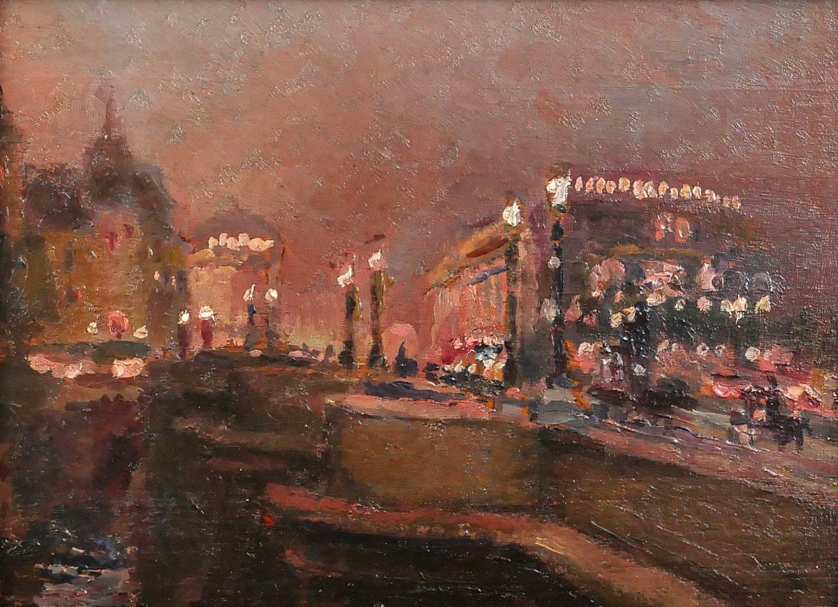 François-Max Bugnicourt, 1868-1936 Paris, le Pont-Neuf de nuit, petit tableau, vers 1900