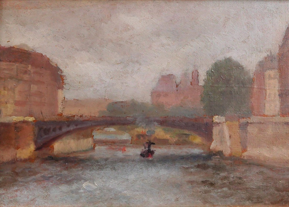 François-Max Bugnicourt, 1868-1936 Paris, le pont Saint-Louis, petit tableau, vers 1900