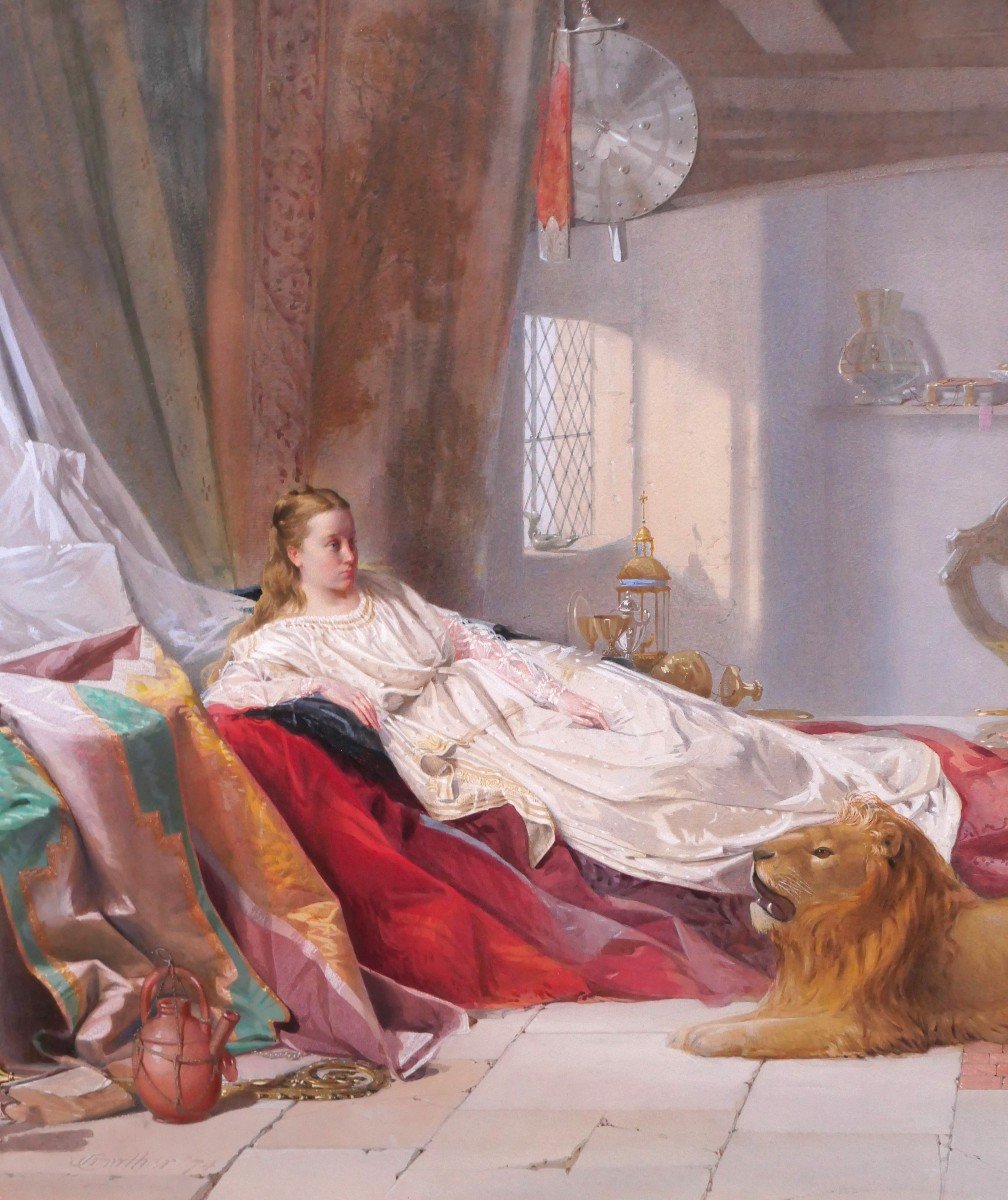 John CROWTHER 1837-c. 1902 Una et le lion, grand dessin, 1874, Grande-Bretagne Angleterre-photo-3