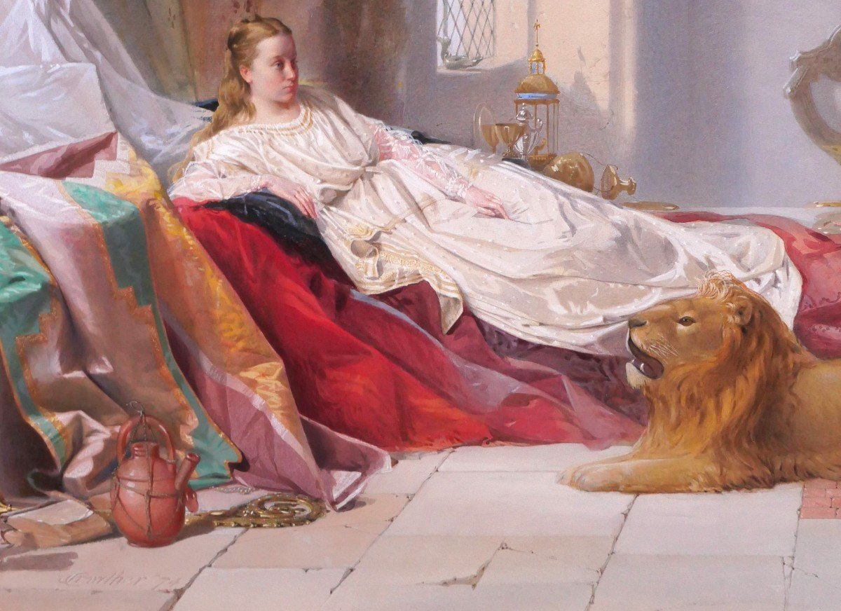 John CROWTHER 1837-c. 1902 Una et le lion, grand dessin, 1874, Grande-Bretagne Angleterre-photo-4