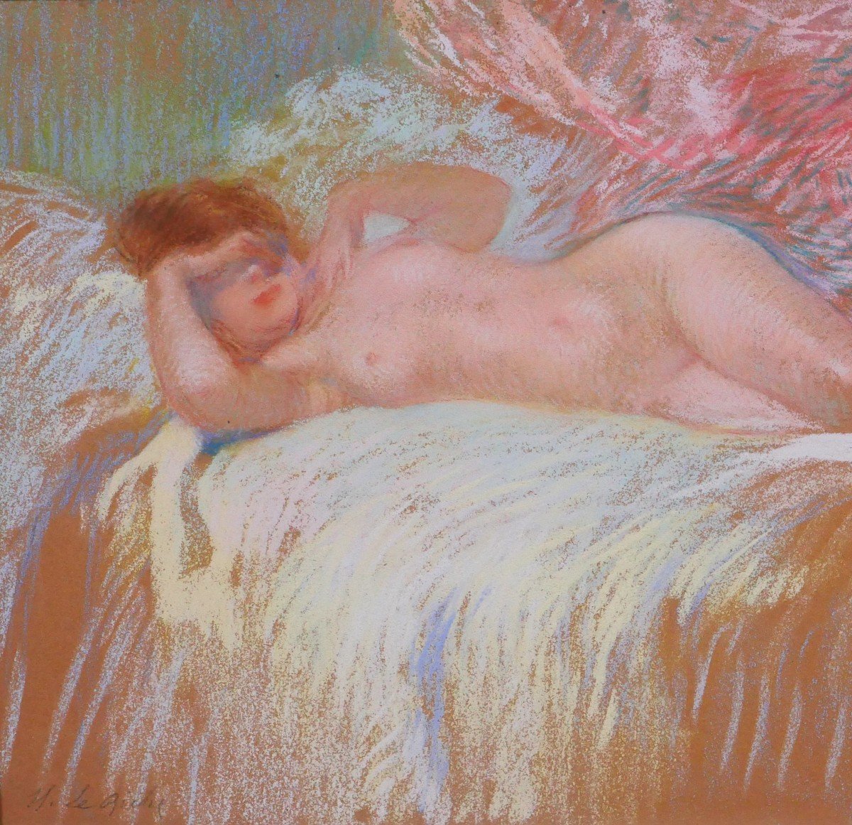 Henri Le Riche 1868-1944 Nude Woman, Pastel, Art Nouveau, Impressionism-photo-3