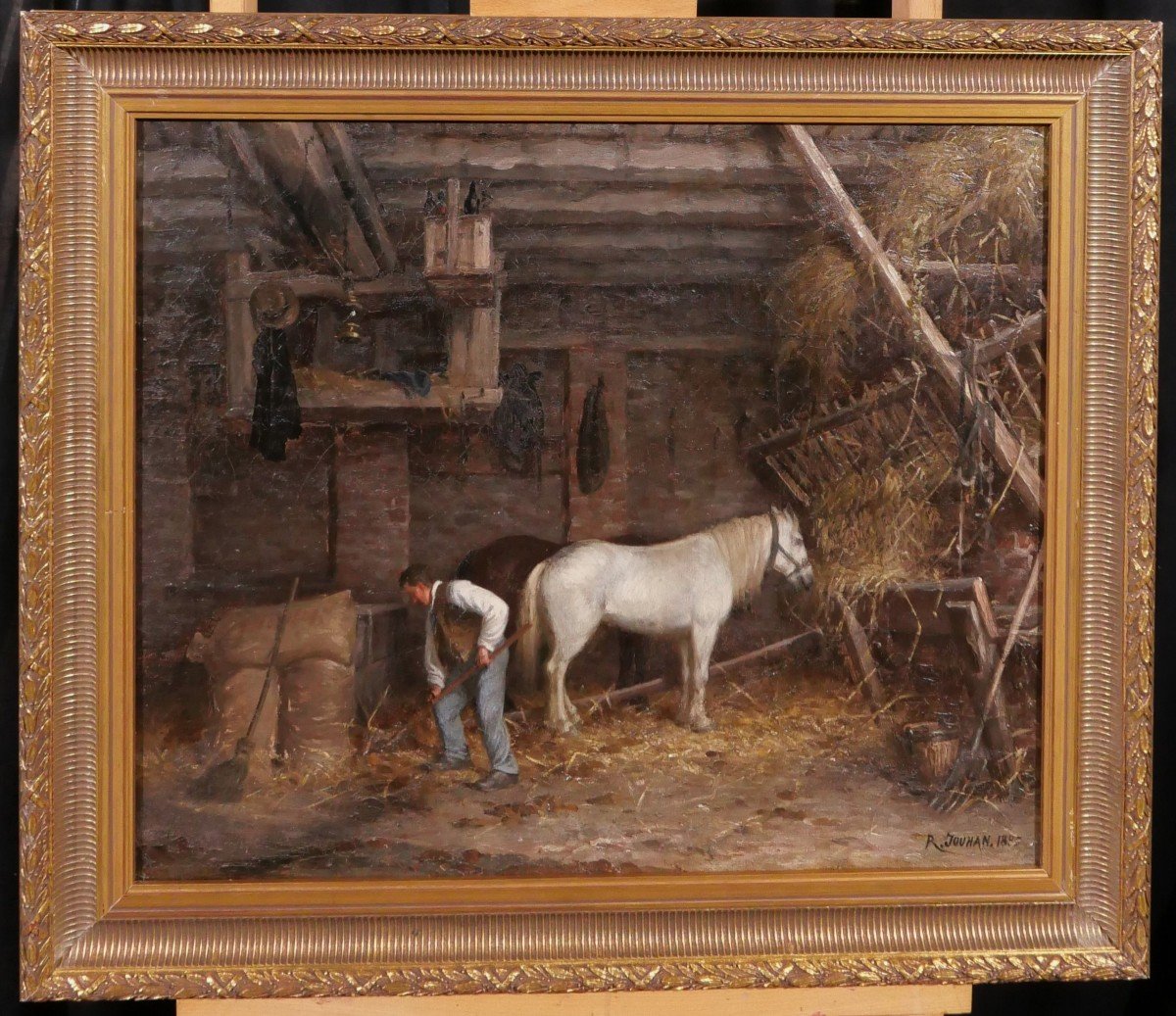 René JOUHAN 1835-1927 Intérieur d'écurie au cheval, tableau, impressionnisme, Barbizon, 1885-photo-2