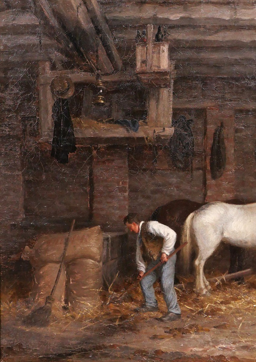 René JOUHAN 1835-1927 Intérieur d'écurie au cheval, tableau, impressionnisme, Barbizon, 1885-photo-3