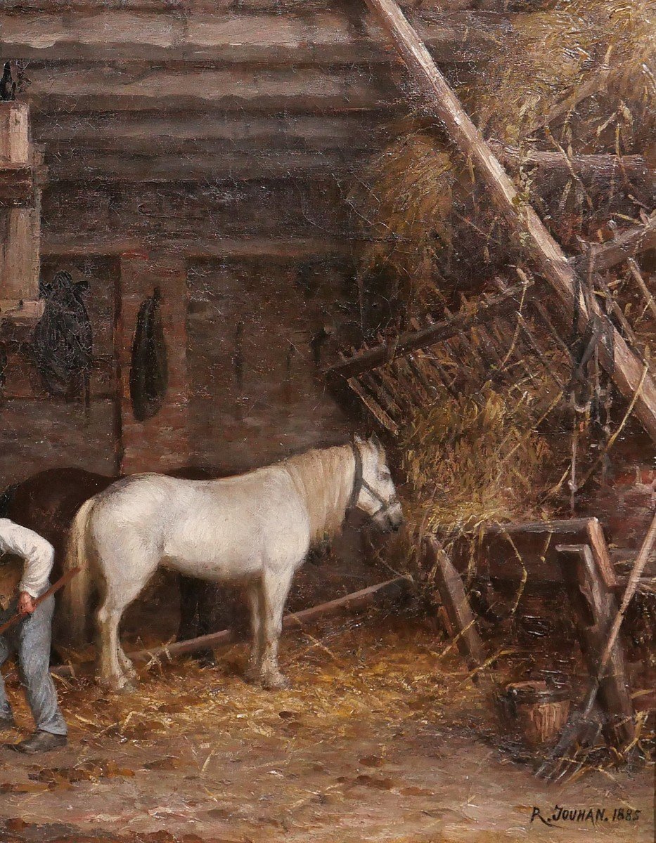 René JOUHAN 1835-1927 Intérieur d'écurie au cheval, tableau, impressionnisme, Barbizon, 1885-photo-4