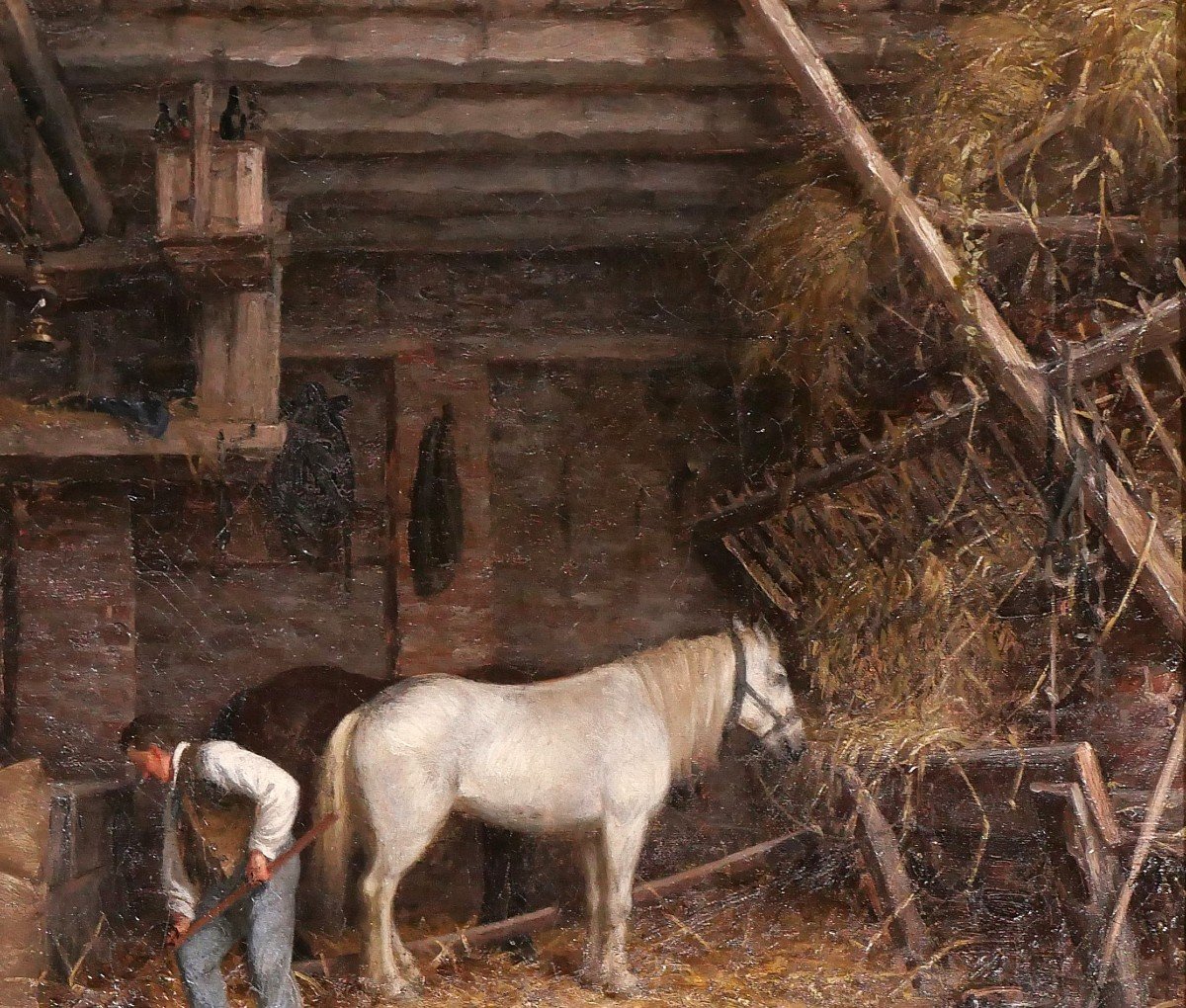 René JOUHAN 1835-1927 Intérieur d'écurie au cheval, tableau, impressionnisme, Barbizon, 1885-photo-2