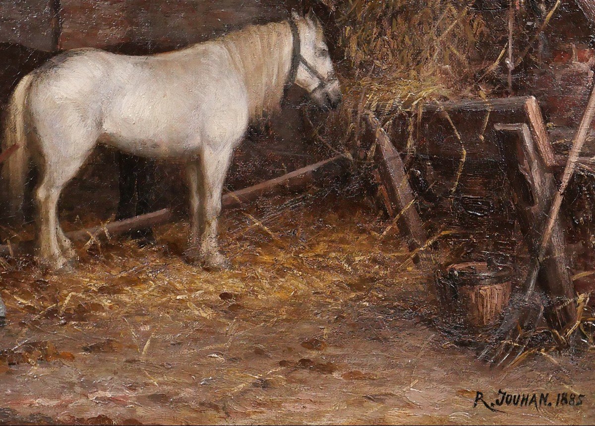 René JOUHAN 1835-1927 Intérieur d'écurie au cheval, tableau, impressionnisme, Barbizon, 1885-photo-3