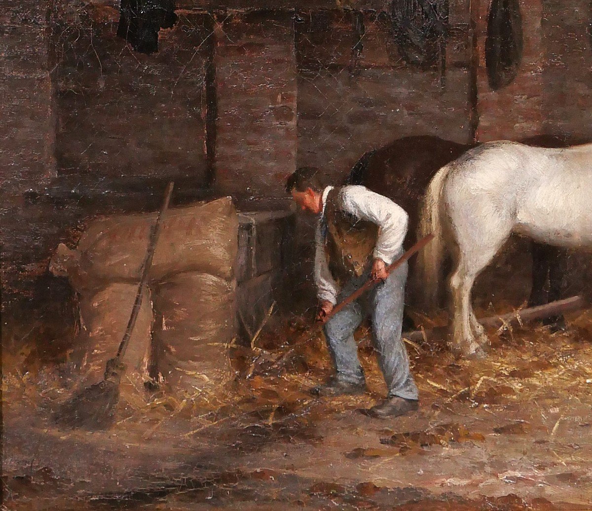 René JOUHAN 1835-1927 Intérieur d'écurie au cheval, tableau, impressionnisme, Barbizon, 1885-photo-4