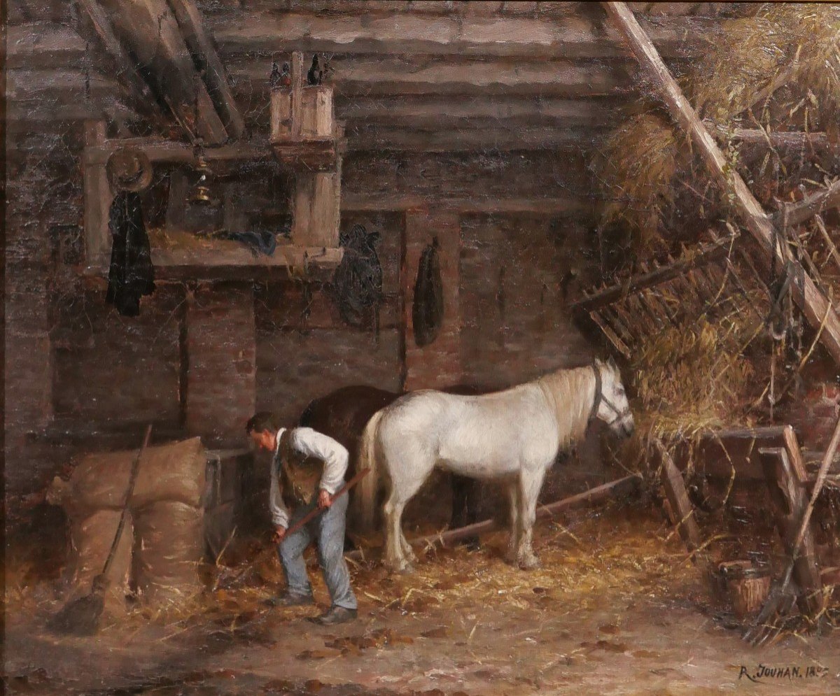 René JOUHAN 1835-1927 Intérieur d'écurie au cheval, tableau, impressionnisme, Barbizon, 1885