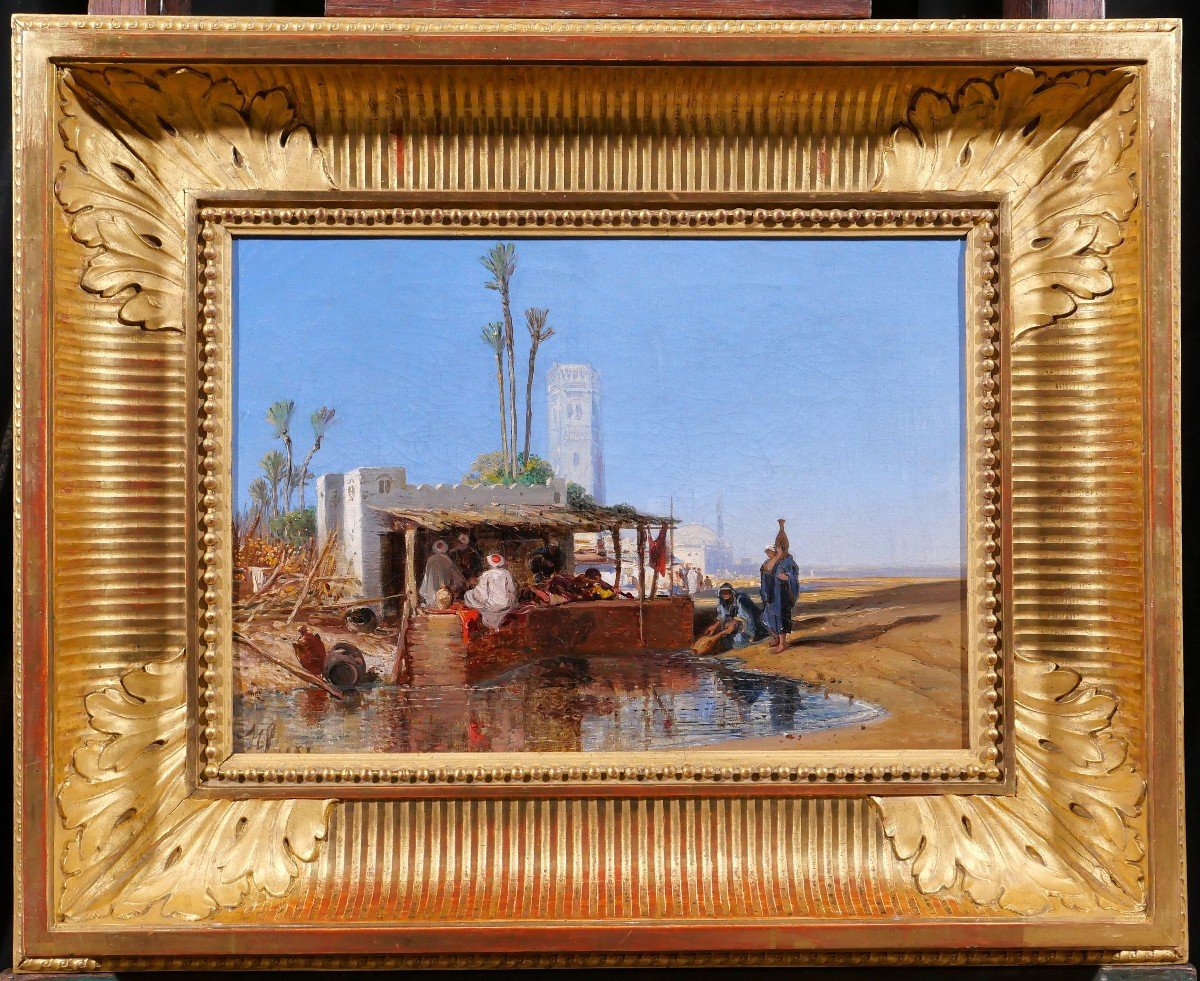 Ecole française orientaliste signé 1851, paysage à l'oasis, tableau, Maroc, Algérie, Fromentin-photo-2