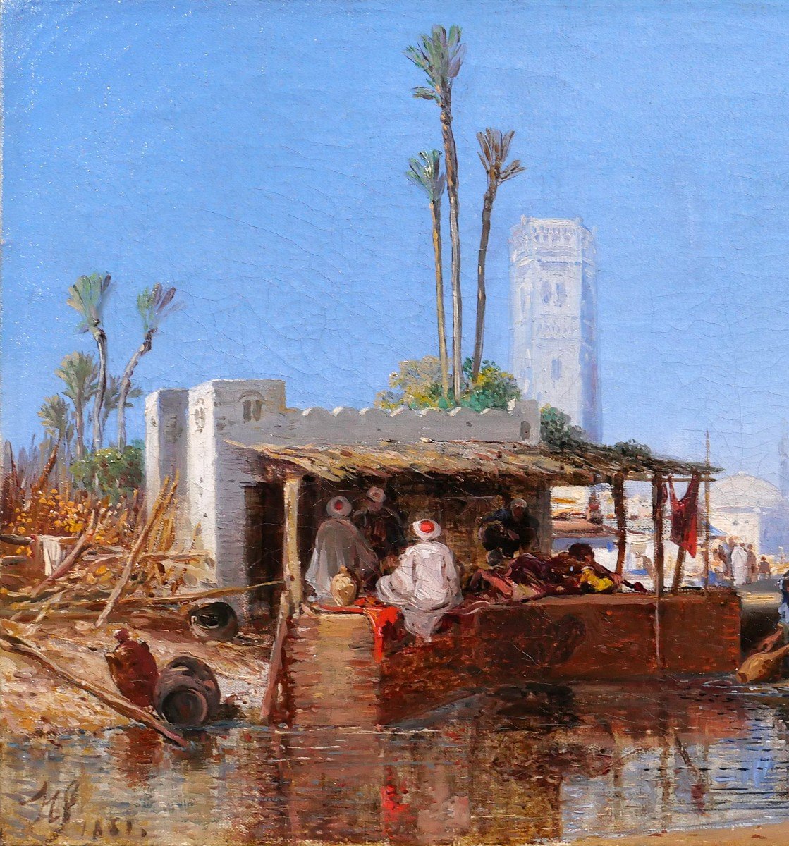 Ecole française orientaliste signé 1851, paysage à l'oasis, tableau, Maroc, Algérie, Fromentin-photo-3