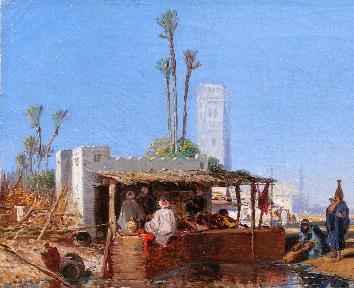 Ecole française orientaliste signé 1851, paysage à l'oasis, tableau, Maroc, Algérie, Fromentin-photo-1