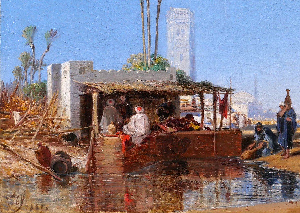 Ecole française orientaliste signé 1851, paysage à l'oasis, tableau, Maroc, Algérie, Fromentin-photo-4