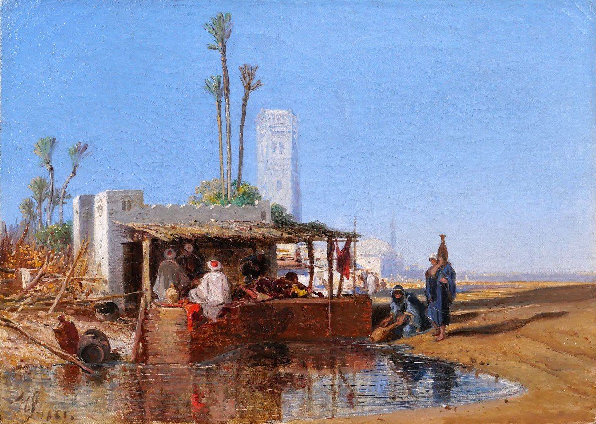 Ecole française orientaliste signé 1851, paysage à l'oasis, tableau, Maroc, Algérie, Fromentin