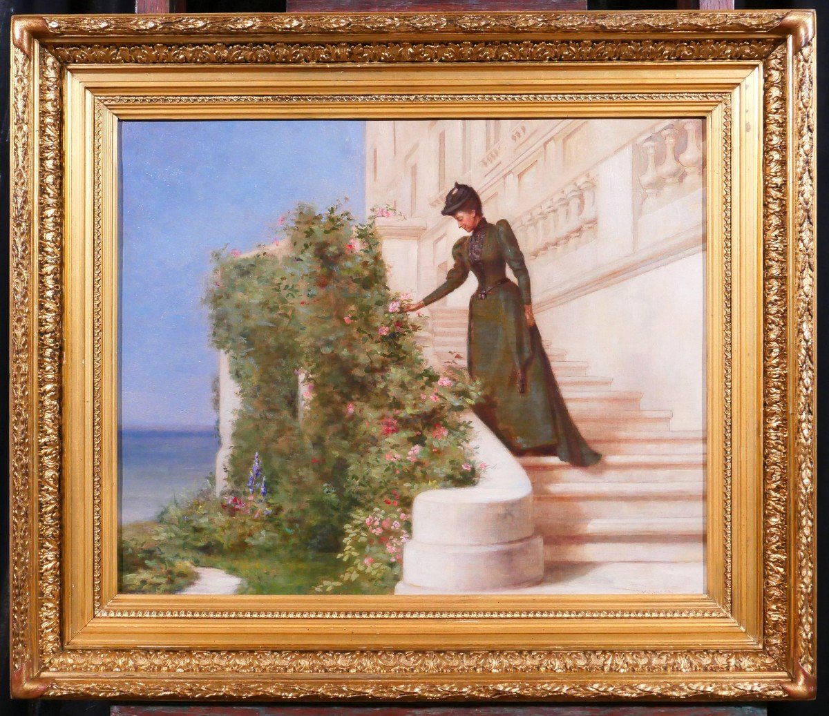 Jessie Marian ISAACS 19e Femme cueillant une rose devant un chateau tableau fleurs jardin 1892-photo-2