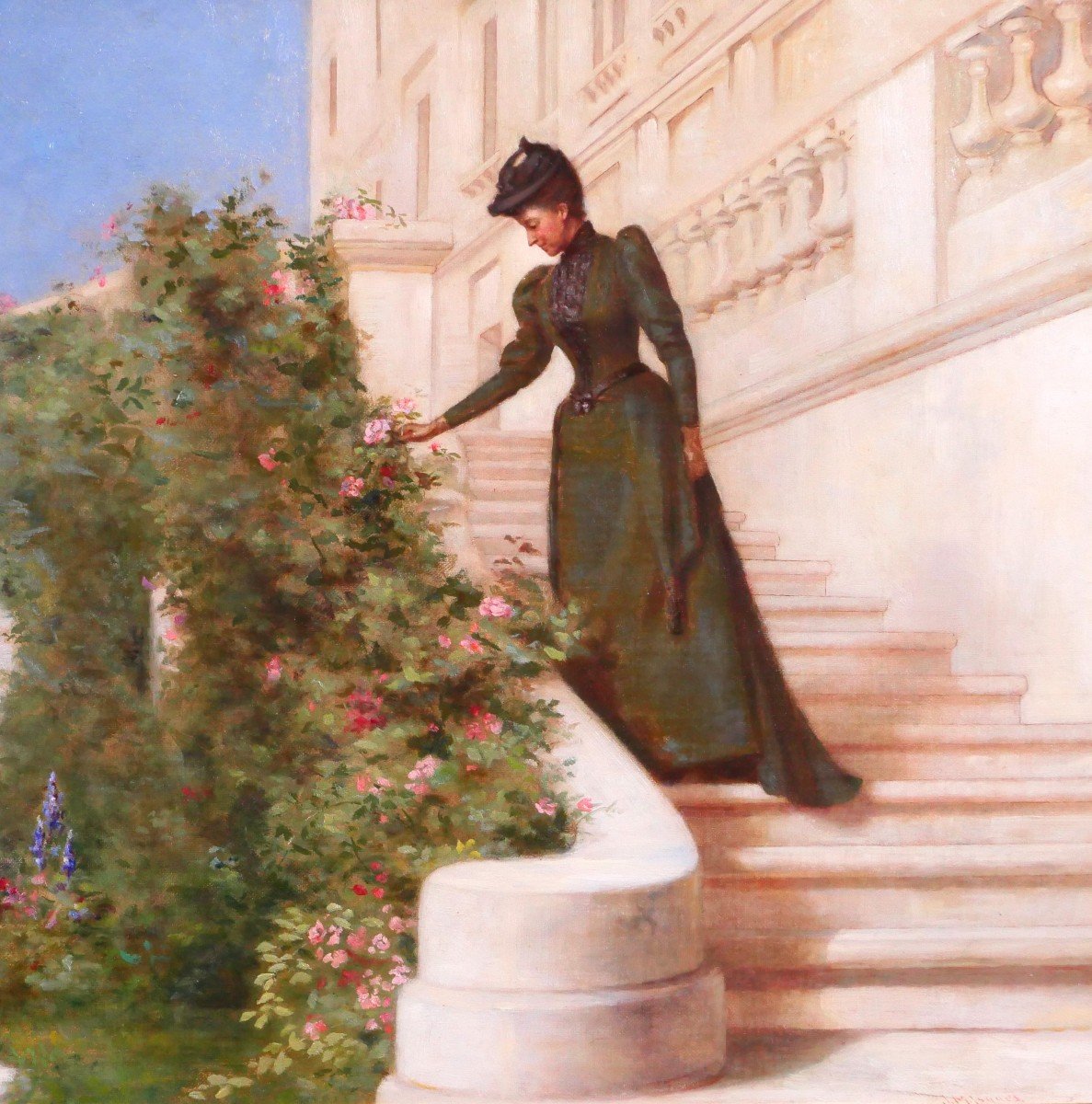 Jessie Marian ISAACS 19e Femme cueillant une rose devant un chateau tableau fleurs jardin 1892-photo-4