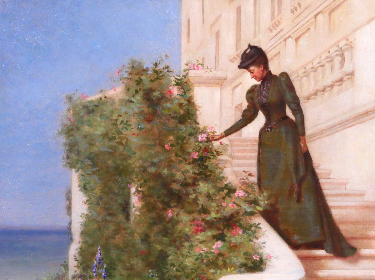 Jessie Marian ISAACS 19e Femme cueillant une rose devant un chateau tableau fleurs jardin 1892-photo-1