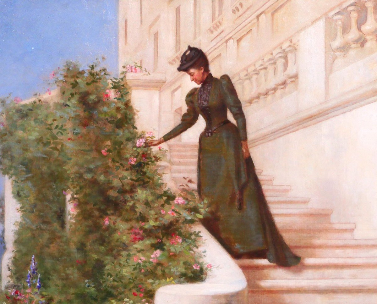 Jessie Marian ISAACS 19e Femme cueillant une rose devant un chateau tableau fleurs jardin 1892-photo-2