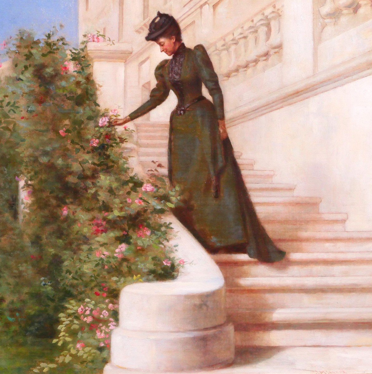 Jessie Marian ISAACS 19e Femme cueillant une rose devant un chateau tableau fleurs jardin 1892-photo-3