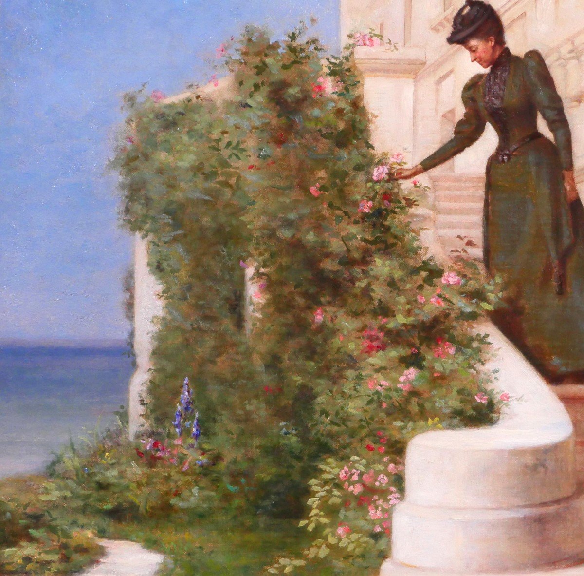 Jessie Marian ISAACS 19e Femme cueillant une rose devant un chateau tableau fleurs jardin 1892-photo-4