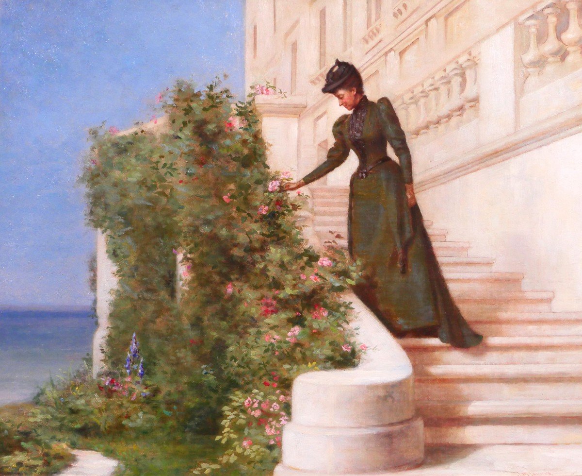 Jessie Marian ISAACS 19e Femme cueillant une rose devant un chateau tableau fleurs jardin 1892