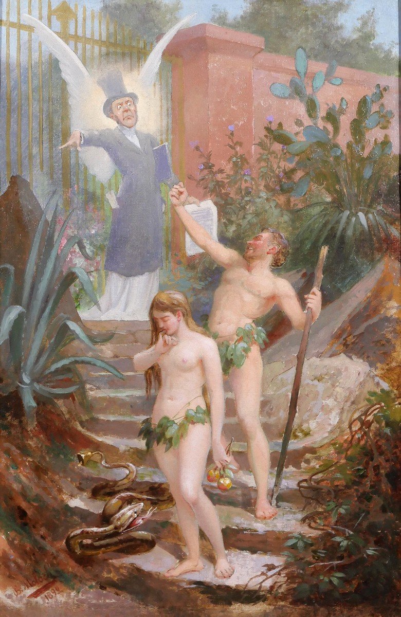 B. Moloch 1849-1909 Adam And Eve Chased From Paradise, Painting, 1892, Caricature, Colomb