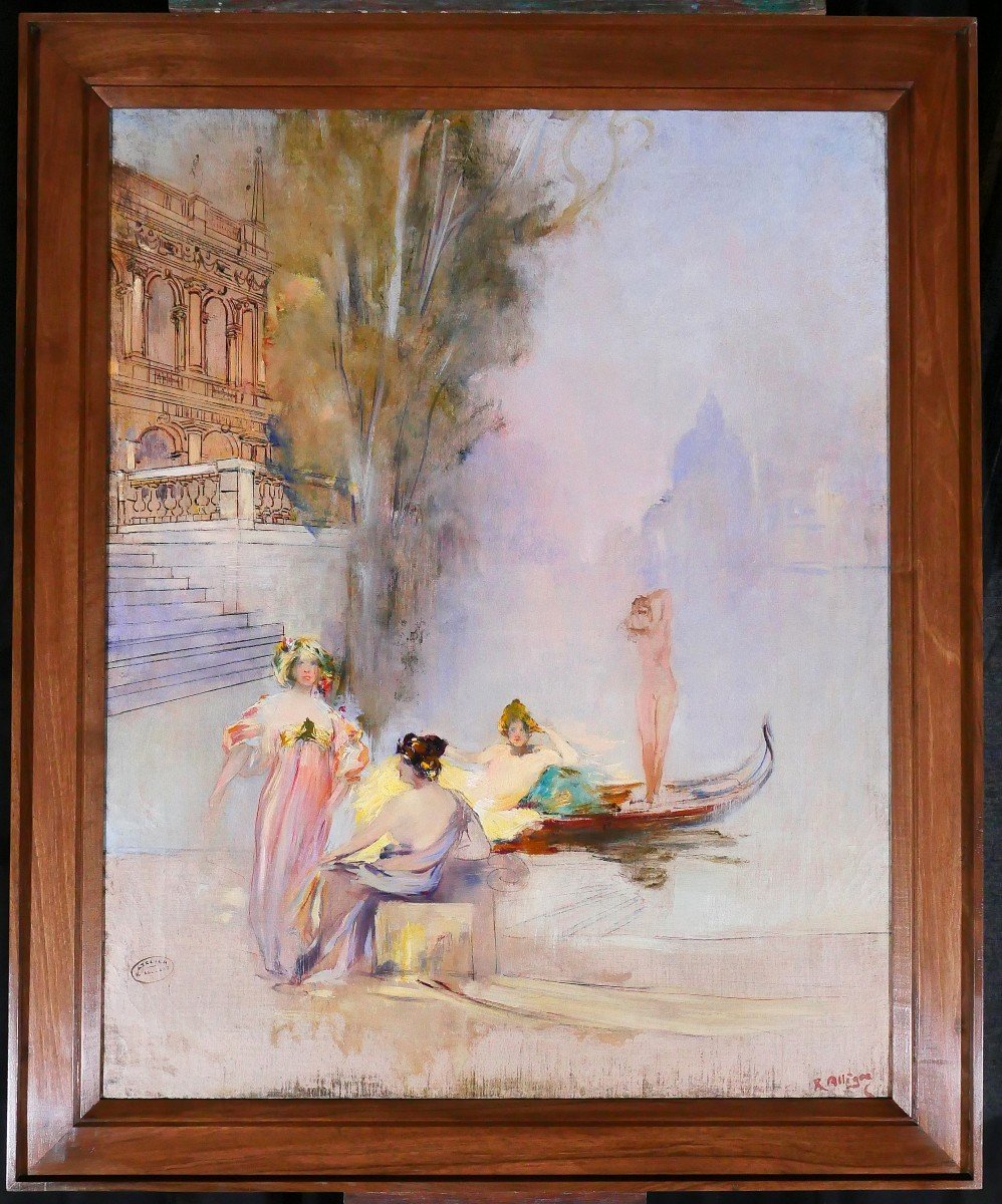 Raymond Allègre 1857-1933 Venise, femmes devant un palais, tableau, vers 1900, Italie-photo-2