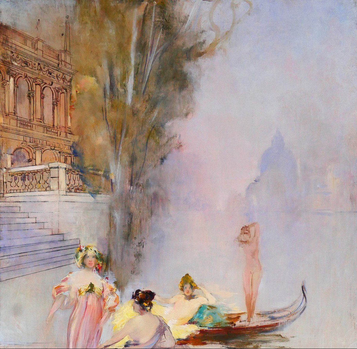 Raymond Allègre 1857-1933 Venise, femmes devant un palais, tableau, vers 1900, Italie-photo-3