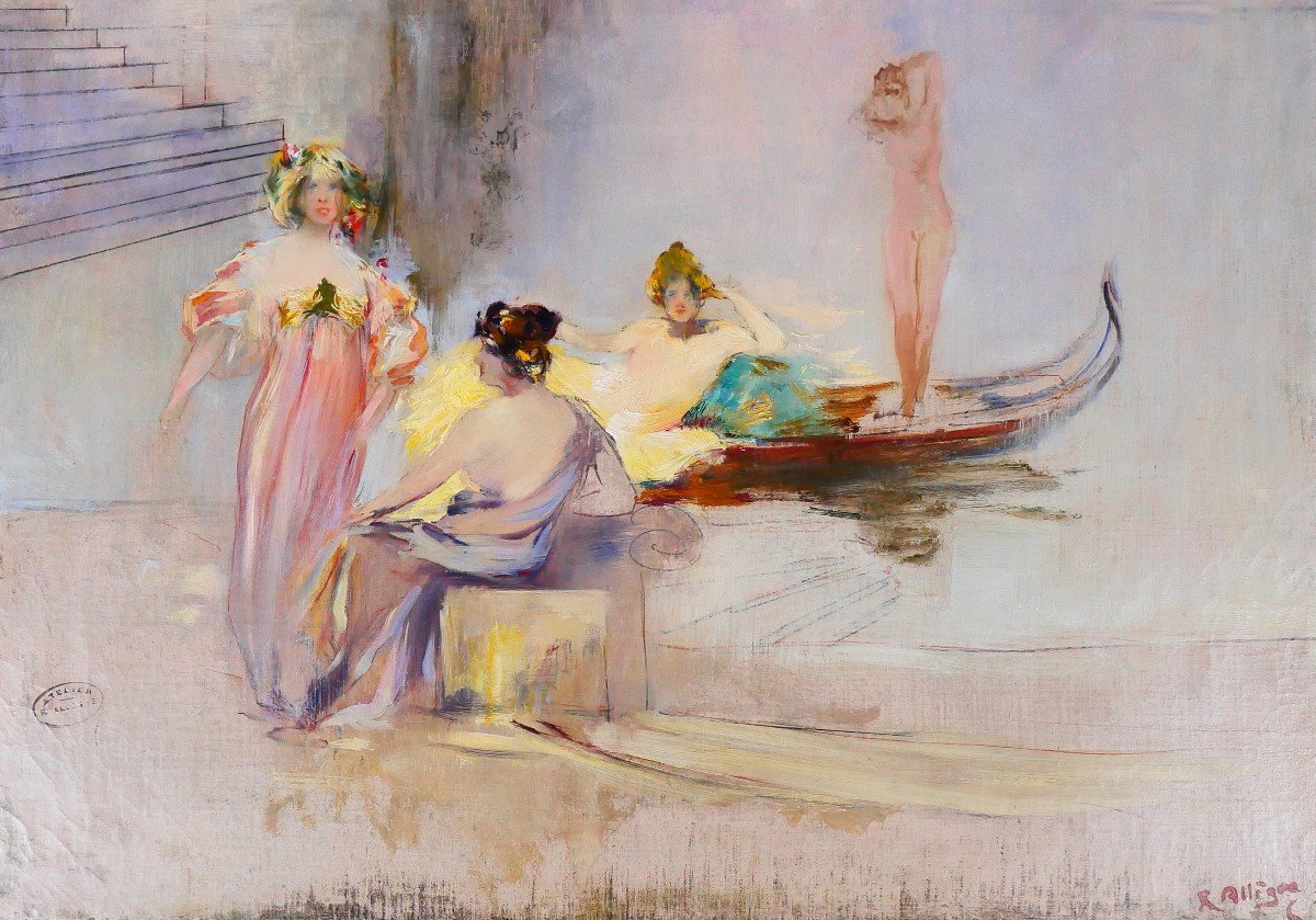 Raymond Allègre 1857-1933 Venise, femmes devant un palais, tableau, vers 1900, Italie-photo-4