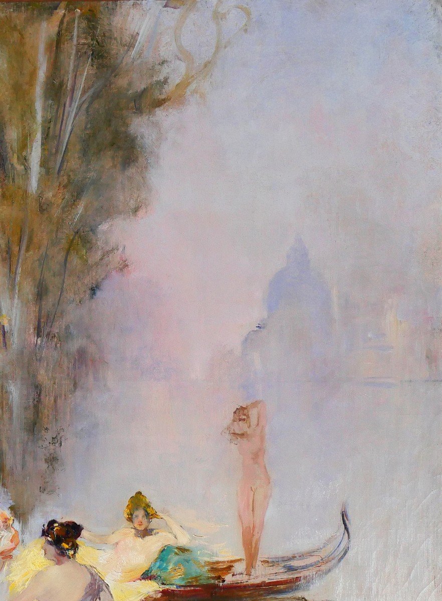 Raymond Allègre 1857-1933 Venise, femmes devant un palais, tableau, vers 1900, Italie-photo-2