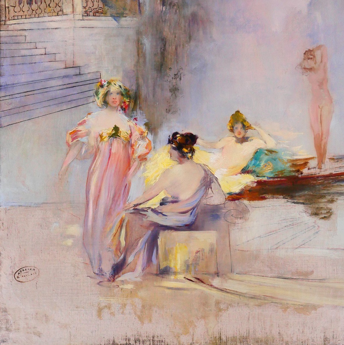 Raymond Allègre 1857-1933 Venise, femmes devant un palais, tableau, vers 1900, Italie-photo-4