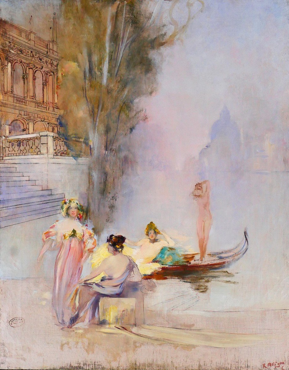 Raymond Allègre 1857-1933 Venise, femmes devant un palais, tableau, vers 1900, Italie