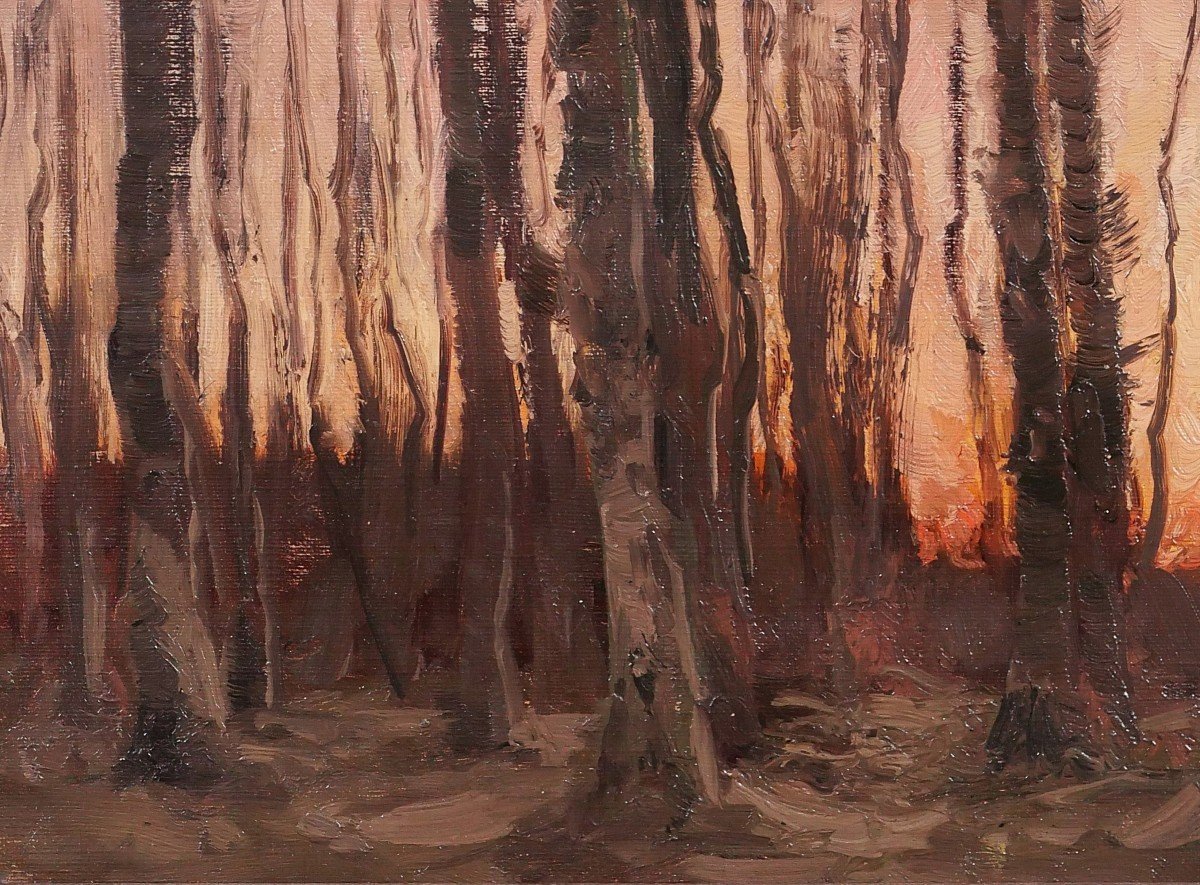 Joseph François 1851-1940 Arbres au coucher de soleil, paysage, tableau, impressionnisme-photo-3