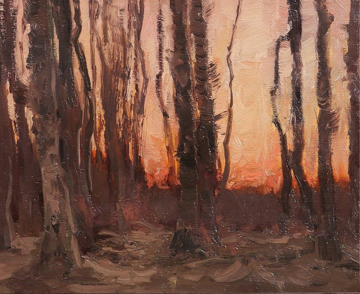 Joseph François 1851-1940 Arbres au coucher de soleil, paysage, tableau, impressionnisme-photo-1