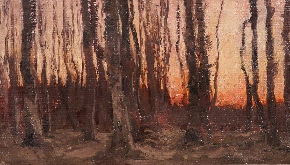 Joseph François 1851-1940 Arbres au coucher de soleil, paysage, tableau, impressionnisme