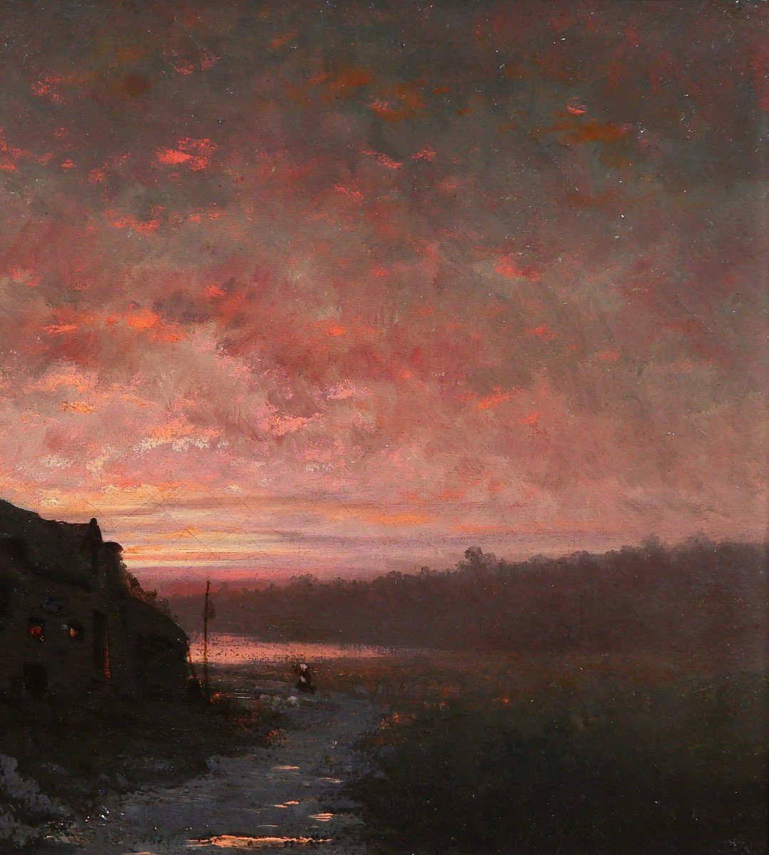 Ecole Française du 19e, paysage au coucher du soleil, tableau, Barbizon, impressionnisme-photo-4