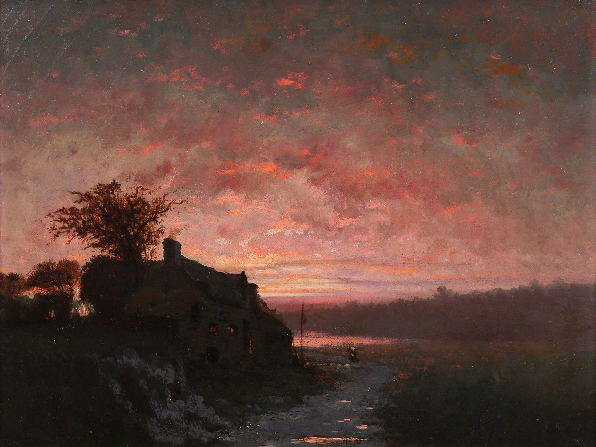 Ecole Française du 19e, paysage au coucher du soleil, tableau, Barbizon, impressionnisme