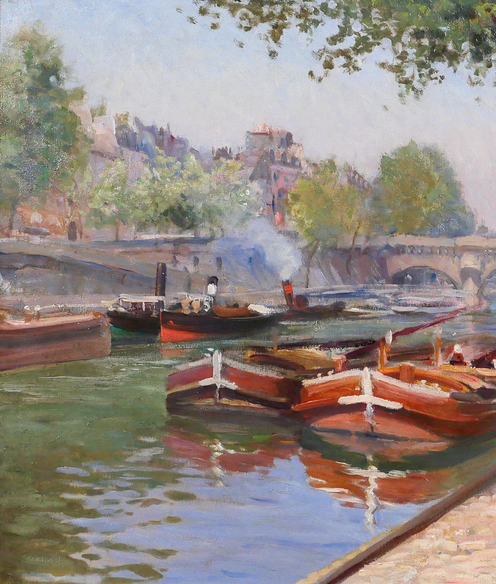 Henri Vignet 1857-1920 Paris, Barges On The Seine, Pont-neuf, Painting, 1903, Impressionism-photo-3