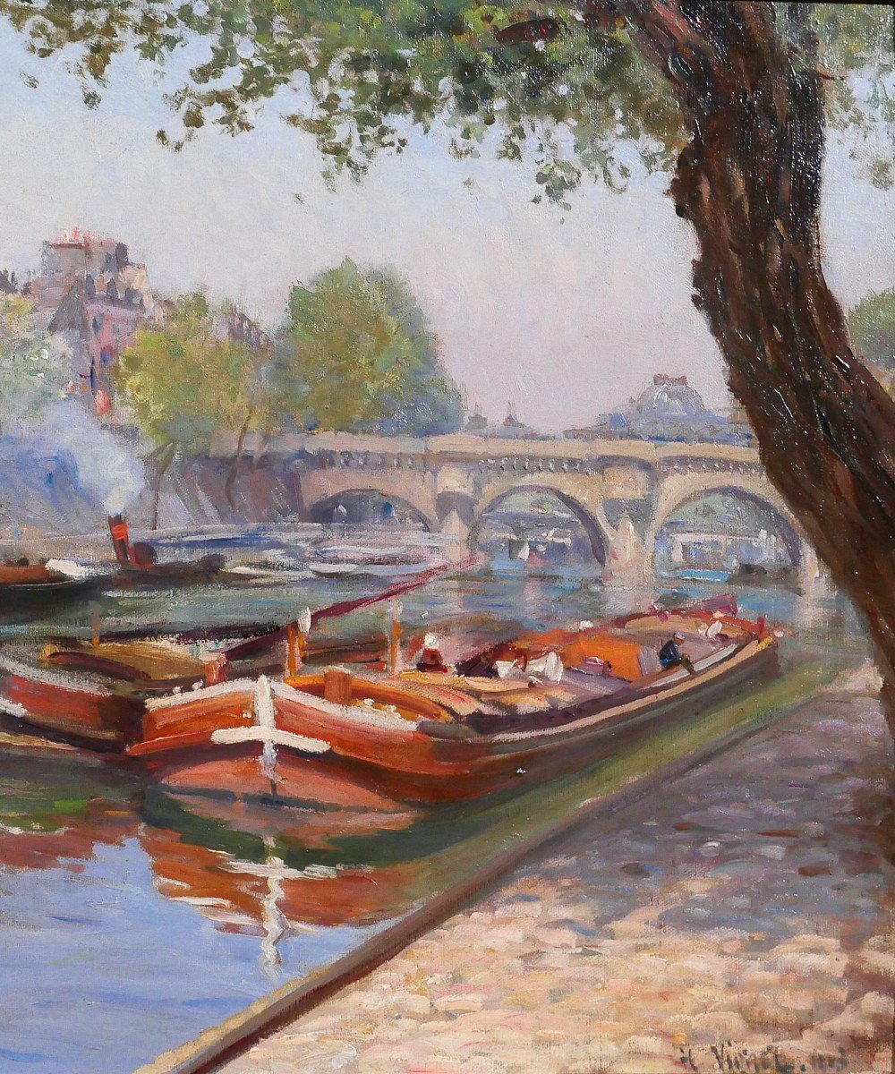 Henri Vignet 1857-1920 Paris, Barges On The Seine, Pont-neuf, Painting, 1903, Impressionism-photo-4