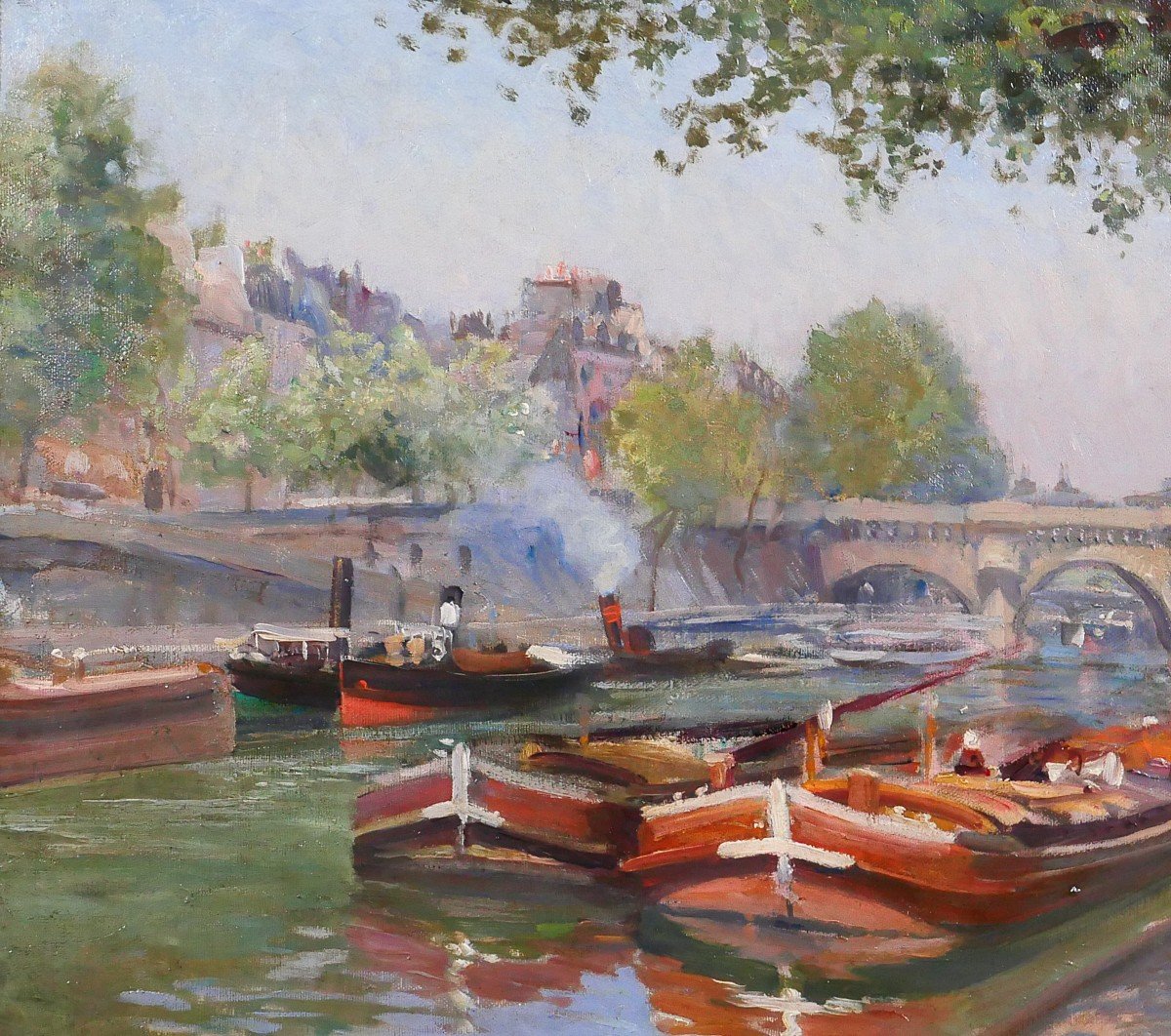 Henri Vignet 1857-1920 Paris, Barges On The Seine, Pont-neuf, Painting, 1903, Impressionism-photo-1