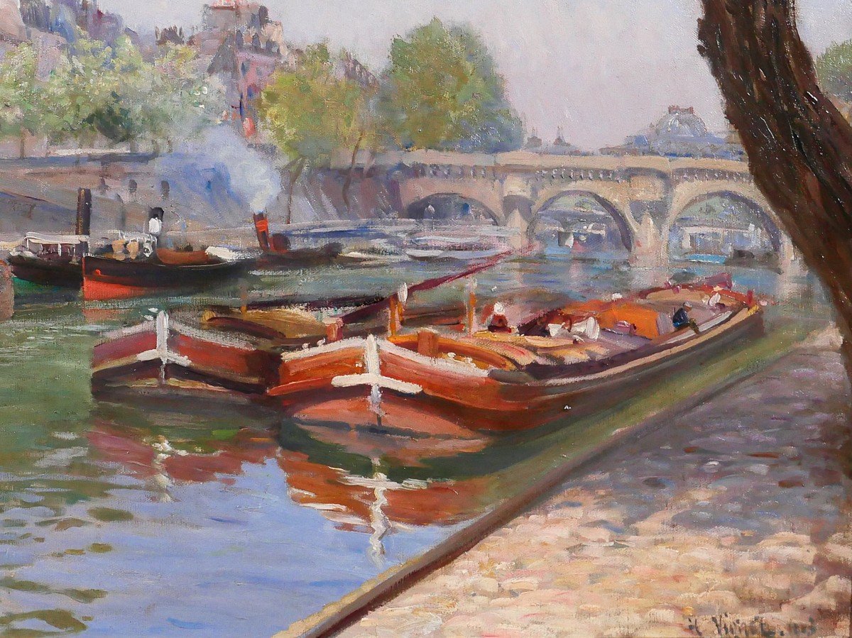 Henri Vignet 1857-1920 Paris, Barges On The Seine, Pont-neuf, Painting, 1903, Impressionism-photo-3