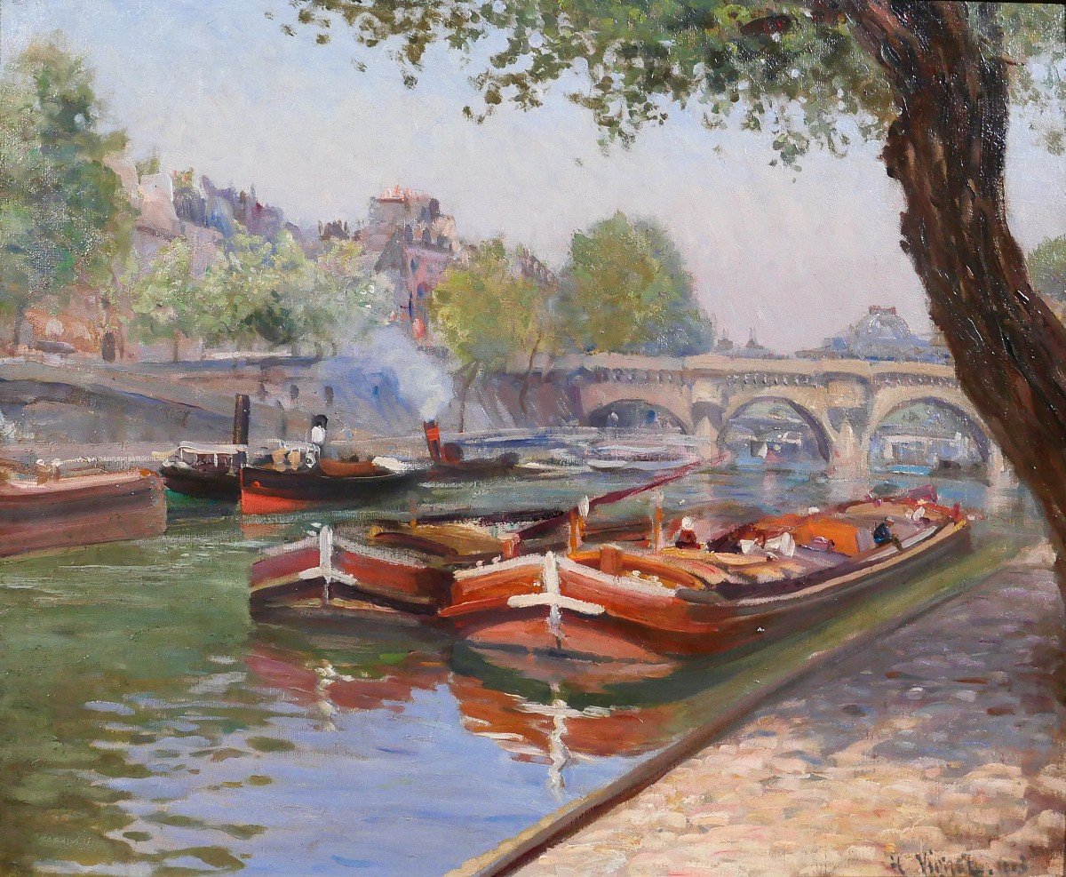 Henri Vignet 1857-1920 Paris, Barges On The Seine, Pont-neuf, Painting, 1903, Impressionism